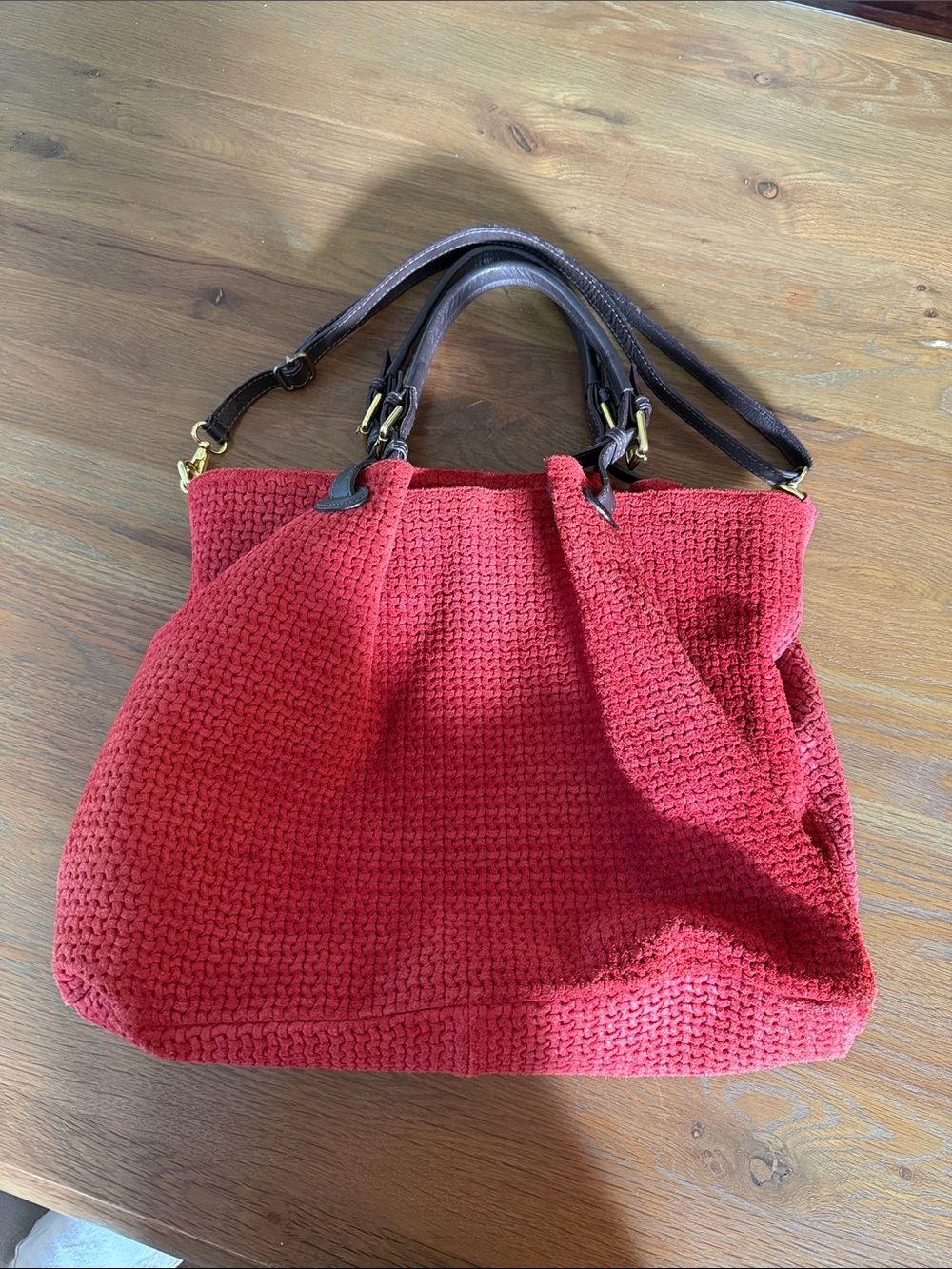 Woven Red Suede Tote Bag with Dark Brown Handles